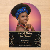 Moderne elegante verjaardagsfoto Goud en zwart fee Acryl Uitnodigingen (Voorkant)