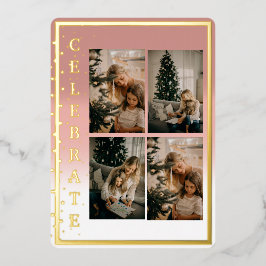Moderne Elegante Vier Foto's Vieren Folie Feestdagenkaart