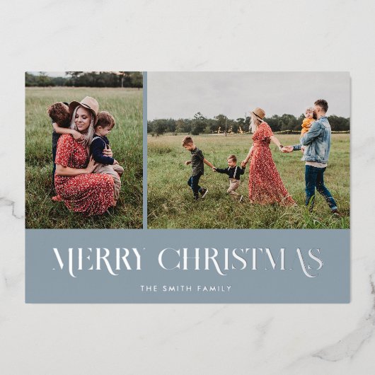 Moderne elegante vrolijke kerst 2 foto folie feestdagenkaart (Voorkant)