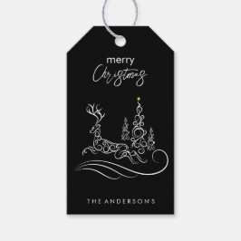Moderne elegante vrolijke kerstboom en rendier cadeaulabel
