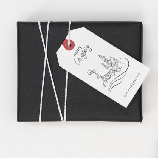 Moderne elegante vrolijke kerstboom en rendier cadeaulabel