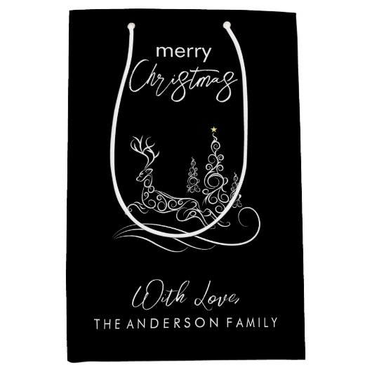 Moderne elegante vrolijke kerstboom en rendier medium cadeauzakje (Voorkant)