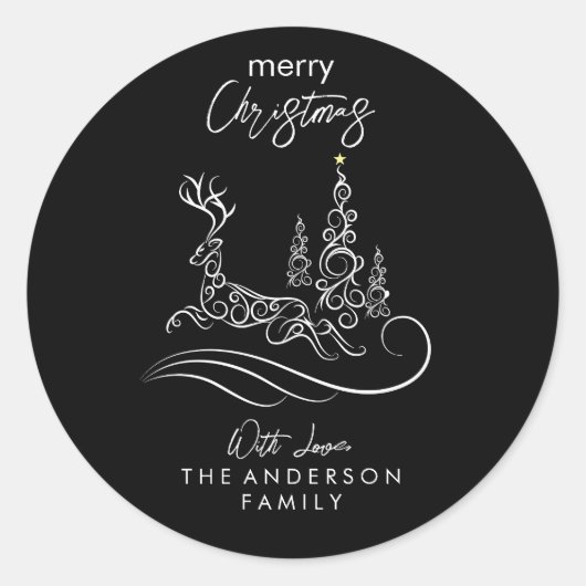 Moderne elegante vrolijke kerstboom en rendier ronde sticker (Voorkant)