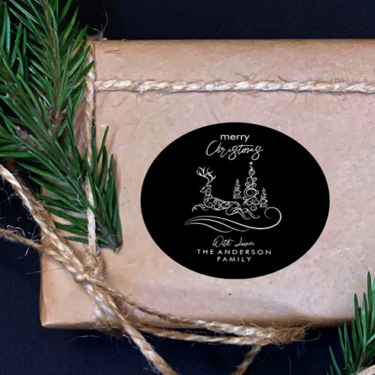 Moderne elegante vrolijke kerstboom en rendier ronde sticker