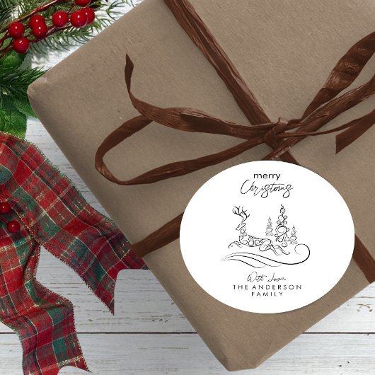 Moderne elegante vrolijke kerstboom en rendier ronde sticker
