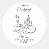 Moderne elegante vrolijke kerstboom en rendier ronde sticker (Voorkant)