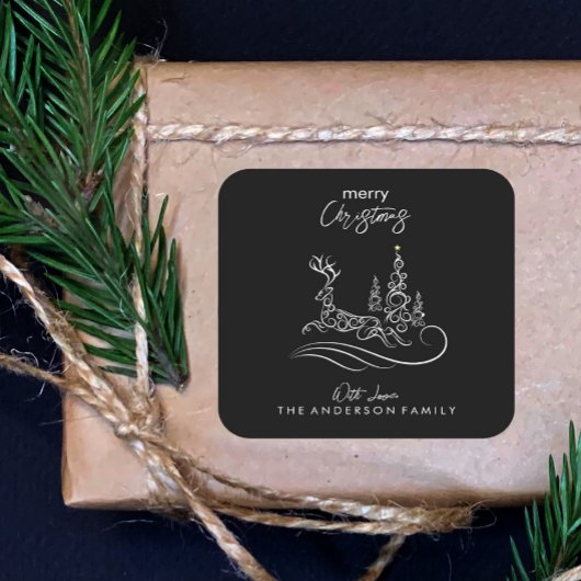 Moderne elegante vrolijke kerstboom en rendier vierkante sticker