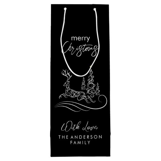 Moderne elegante vrolijke kerstboom en rendier wijn cadeautas (Achterkant)