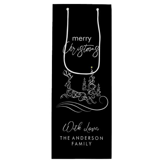 Moderne elegante vrolijke kerstboom en rendier wijn cadeautas (Voorkant)