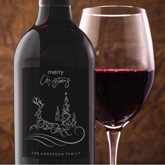 Moderne elegante vrolijke kerstboom en rendier wijn etiket