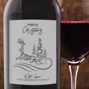 Moderne elegante vrolijke kerstboom en rendier wijn etiket