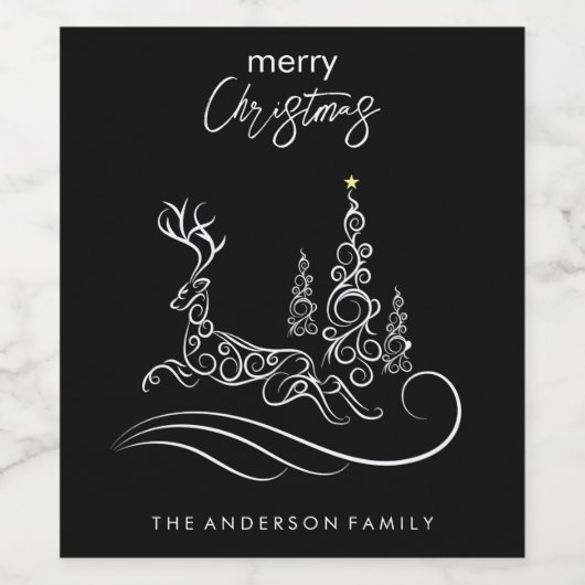 Moderne elegante vrolijke kerstboom en rendier wijn etiket (Enkel label)