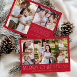 Moderne Elegante Vrolijke Kerstrode Fotocollage Folie Feestdagenkaart<br><div class="desc">Vier het seizoen met de Modern Elegant Merry Christmas Red Photo Collage folie vakantiepas. Dit stijlvolle ontwerp is voorzien van een collage van 5 foto's aan de voorkant, met 4 vierkante foto's rond een groter afbeelding in het midden. "Merry Christmas" is prachtig weergegeven in trendy gouden folie letters op een...</div>