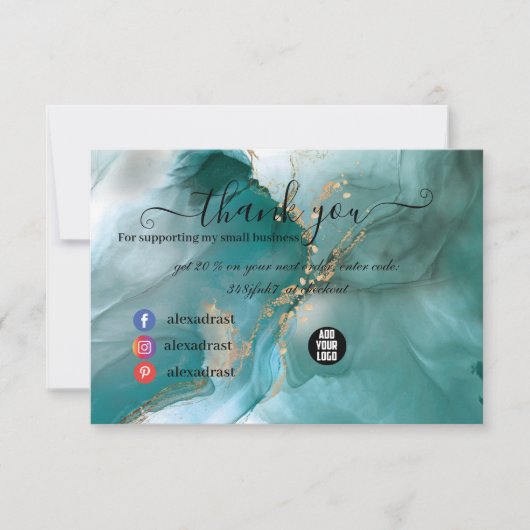 Moderne, elegante Waterverf Blauwgroen en goud Bedankkaart (Voorkant)