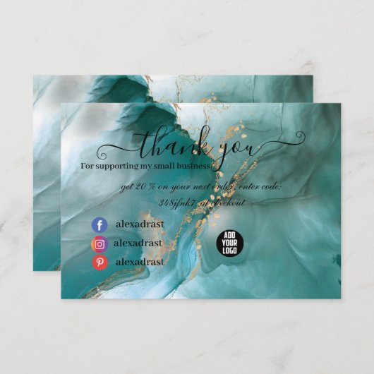 Moderne, elegante Waterverf Blauwgroen en goud Bedankkaart (Voorkant / Achterkant)