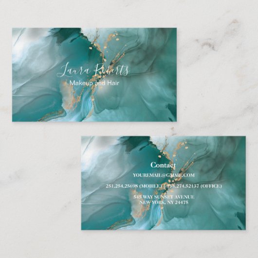 Moderne, elegante Waterverf Blauwgroen en goud Visitekaartje (Voorkant / Achterkant)