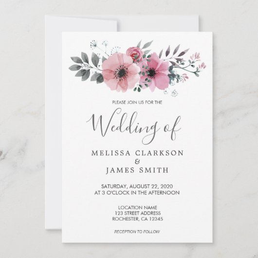 Moderne, elegante waterverf bloemen bruiloft kaart (Voorkant)