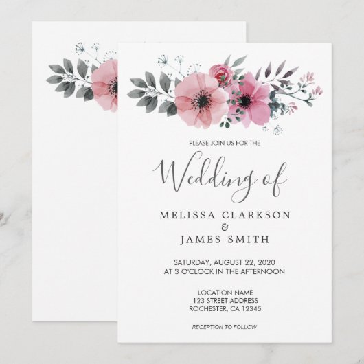 Moderne, elegante waterverf bloemen bruiloft kaart (Voorkant / Achterkant)