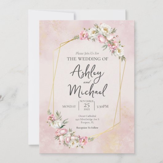 Moderne Elegante Waterverf Bloemen Pioen Bruiloft Kaart (Voorkant)