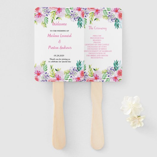 Moderne elegante waterverf bloemenbruiloft program handwaaier (Voorkant en achterkant)
