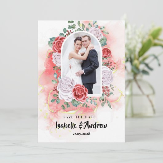 Moderne Elegante Waterverf Bloemenbruiloft Save The Date (Staand voorkant)