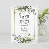 Moderne elegante Waterverf Botanische Greenery Gol Save The Date (Staand voorkant)