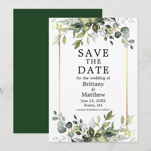 Moderne elegante Waterverf Botanische Greenery Gol Save The Date (Voorkant / Achterkant)