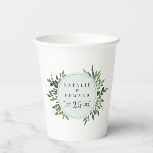 Moderne elegante waterverf gebladerte bruiloft papieren bekers (Achterkant)