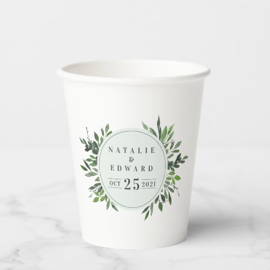 Moderne elegante waterverf gebladerte bruiloft papieren bekers (Voorkant)