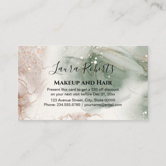 Moderne, elegante Waterverf Groen en goud Kortingskaartje (Achterkant)