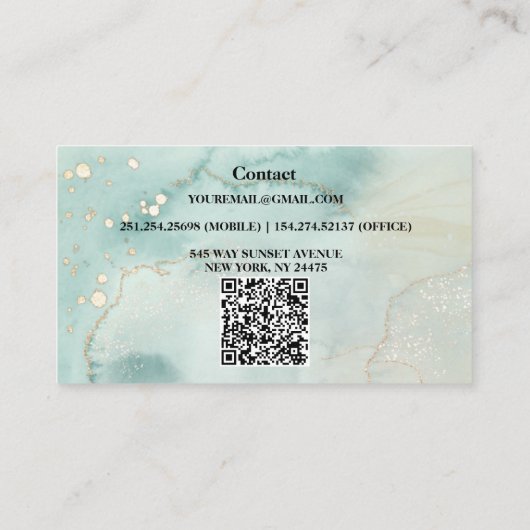 Moderne, elegante Waterverf Groen en goud Visitekaartje (Achterkant)