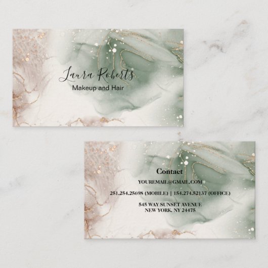 Moderne, elegante Waterverf Groen en goud Visitekaartje (Voorkant / Achterkant)