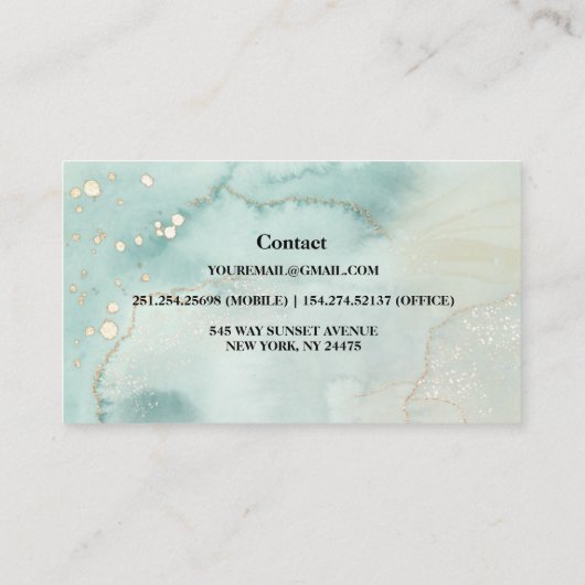 Moderne, elegante Waterverf Groene en Gold Busines Visitekaartje (Achterkant)