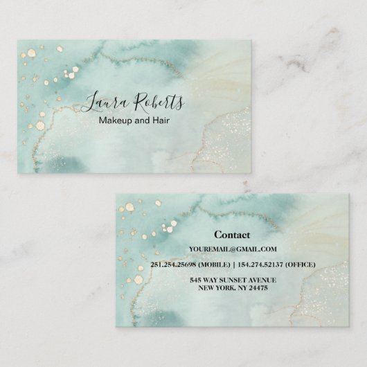 Moderne, elegante Waterverf Groene en Gold Busines Visitekaartje (Voorkant / Achterkant)