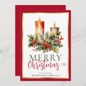 Moderne Elegante Waterverf Kaars Vrolijk Kerstfees Feestdagenkaart (Voorkant / Achterkant)
