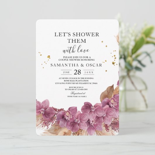 Moderne Elegante Waterverf Roze Orchidee & Pampas Kaart (Staand voorkant)