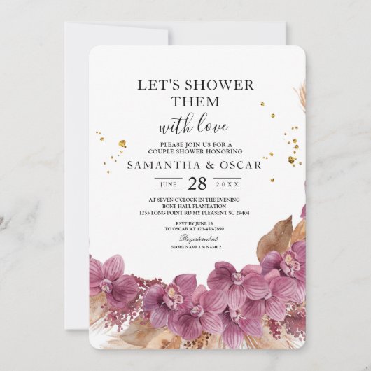 Moderne Elegante Waterverf Roze Orchidee & Pampas Kaart (Voorkant)