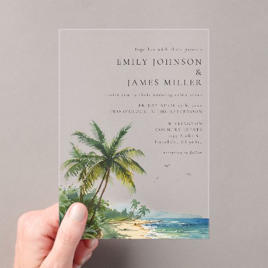 Moderne Elegante Waterverf Tropische Strand Bruilo Acryl Uitnodigingen (Insitu (Draagbaar))