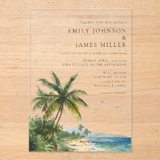 Moderne Elegante Waterverf Tropische Strand Bruilo Acryl Uitnodigingen (Voorkant)