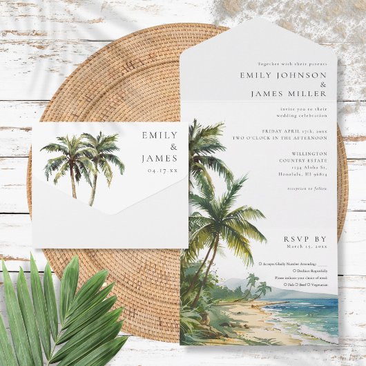 Moderne Elegante Waterverf Tropische Strand Bruilo All In One Uitnodiging