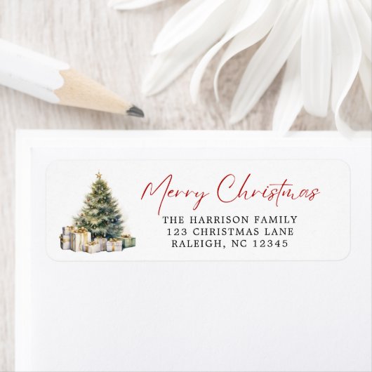 Moderne Elegante Waterverf Vrolijke Kerstboom Etiket (Insitu)