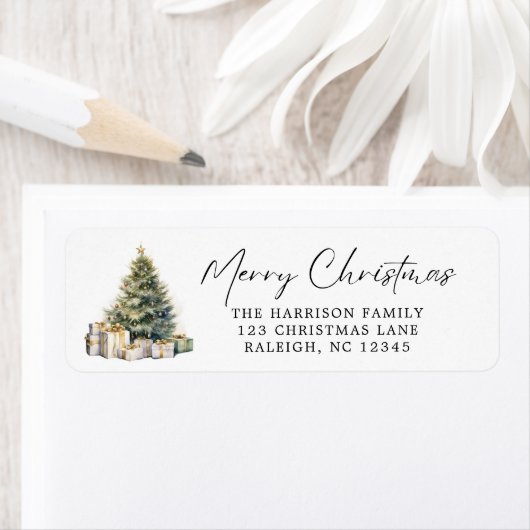 Moderne Elegante Waterverf Vrolijke Kerstboom Etiket (Insitu)