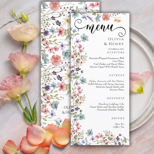 Moderne Elegante Waterverf Wildflower Bruiloft Menu