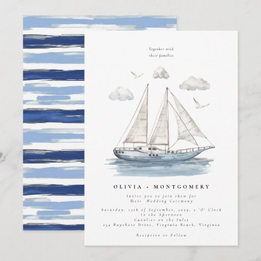Moderne Elegante Waterverf Zeiljacht Huwelijk Kaart (Voorkant / Achterkant)