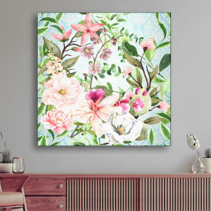 Moderne Elegante Wildbloemen op Damast Achtergrond Canvas Afdruk