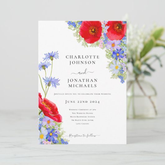 Moderne Elegante Wilde Bloemen Bruiloft Kaart (Staand voorkant)