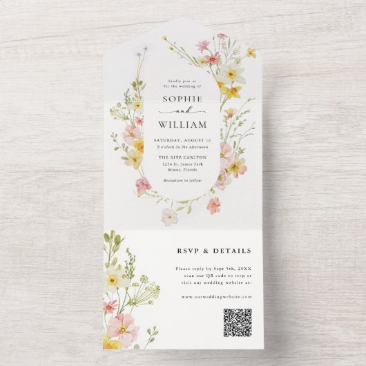 Moderne Elegante Wildflower Lente Zomer Bruiloft All In One Uitnodiging (Binnen)