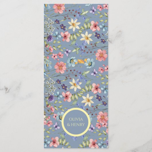 Moderne Elegante Wildflowers Dusty Blue Wedding Menu (Achterkant)