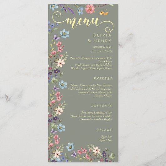 Moderne Elegante Wildflowers Sage Green Wedding Menu (Voorkant)