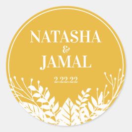 Moderne elegante witte bladeren, mosterdgeel goud ronde sticker